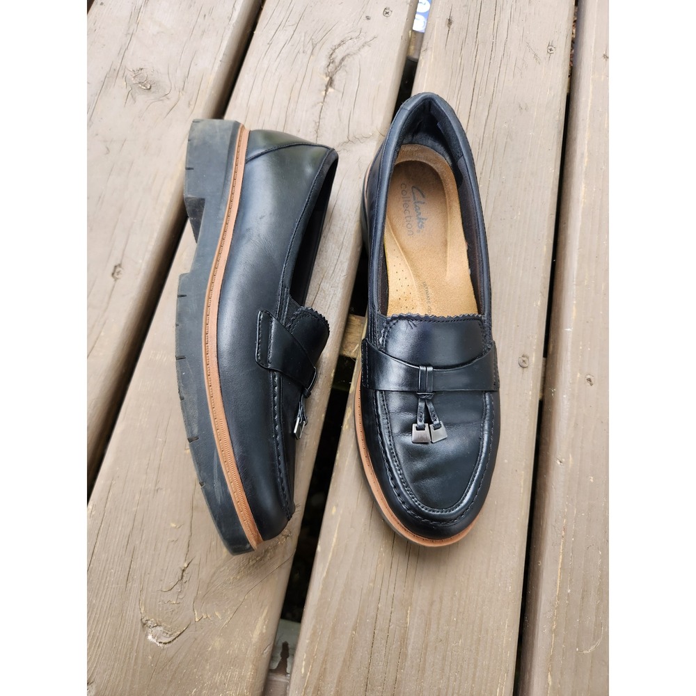 Clarks Loafers Black Leather Tassel Lug Sole Penny Shoes Size 10M